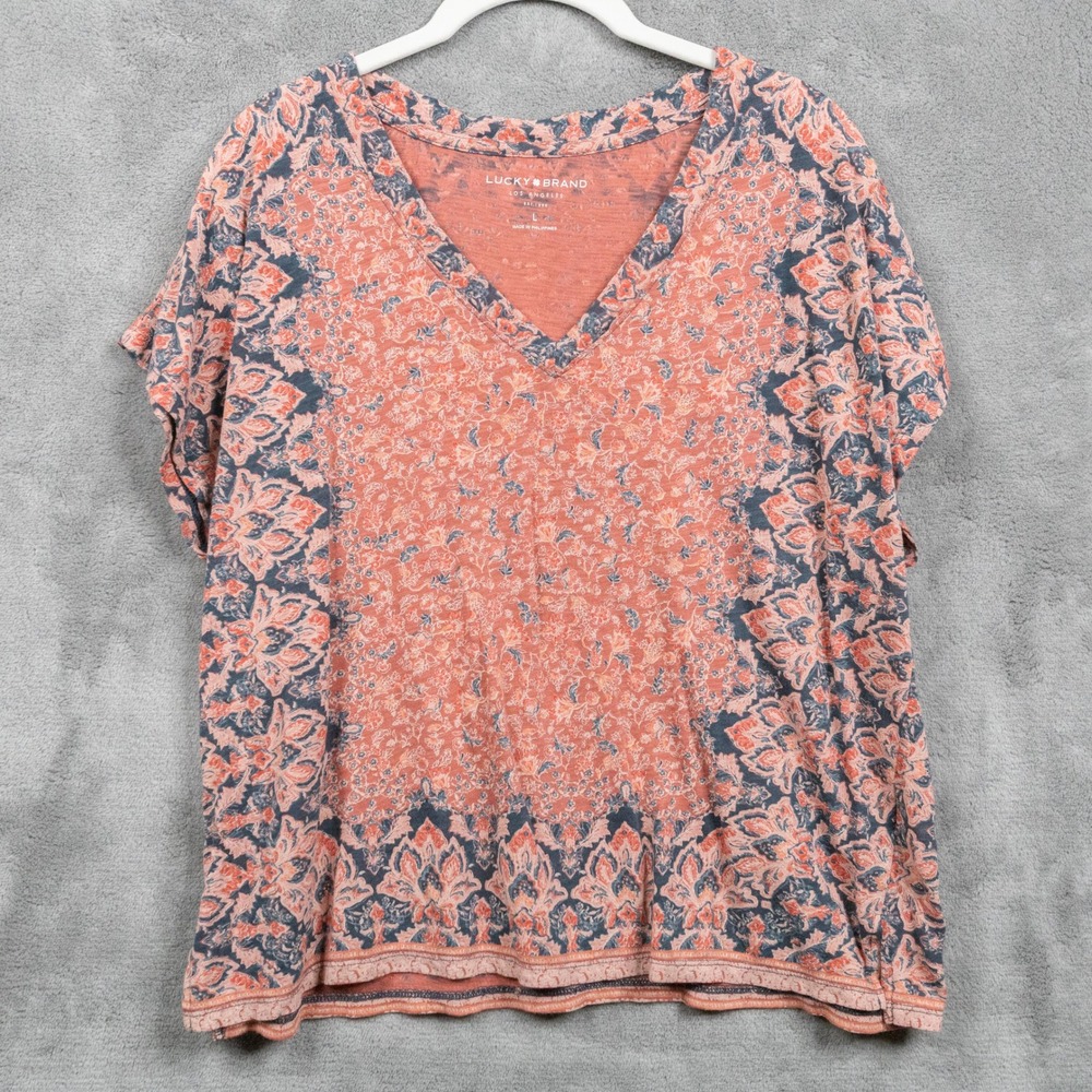 LUCKY BRAND Floral Paisley V-Neck Short Sleeve Knit Tee Boho Coral Sz L